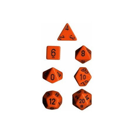 Brick Box of 7 Dices - D4 D6 D8 D10 D12 D20 Spots - Chessex - Opaque - Orange/Black