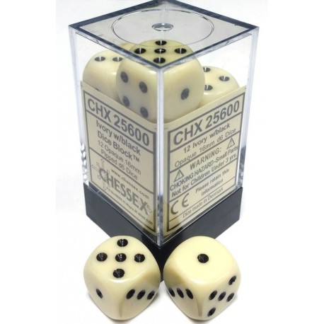 Set di 12 Dadi a D6 Facce - Chessex - Opaco - Avorio/Nero